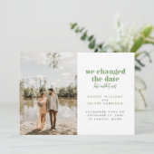 モスグリーン 結婚式の日程を変更したが待てなかった 案内状 (スタンド正面)