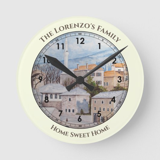 モスターシティボスニアアクリルタ絵画ウンスケープ ラウンド壁時計 (正面)