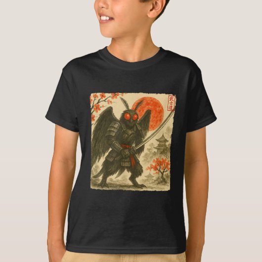 モスマンサムライ日本武者衣装墨絵アート Tシャツ (正面)