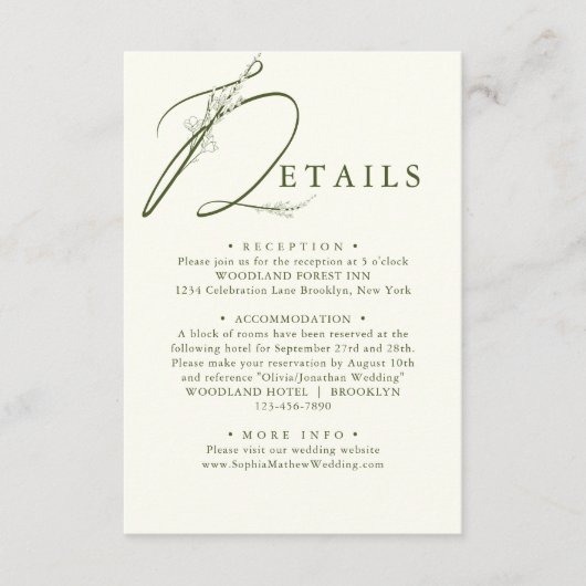 モスミニマルグリーンフローラモノグラム結婚ズ詳細 エンクロージャーカード (正面)