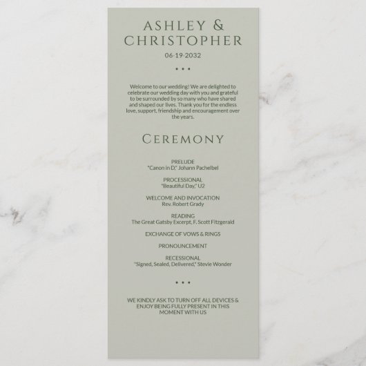 モスモダンスミニマル・セージ・グリーン結婚の式典 プログラム (正面)