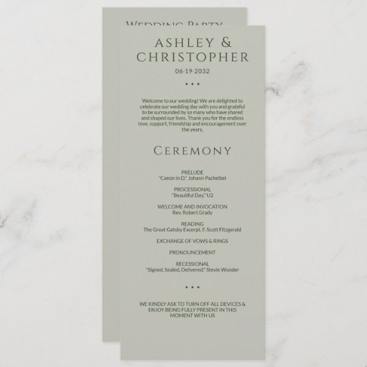 モスモダンスミニマル・セージ・グリーン結婚の式典 プログラム (正面/裏面)