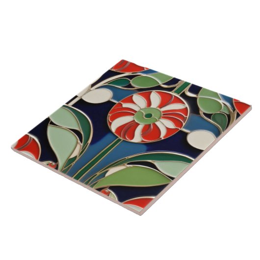 モダニストアールヌーボー丸い赤い花フローラ タイル (側面)