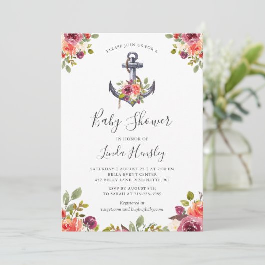 モダンいかり航海のフローラガールベビーシャワー 招待状 (スタンド正面)