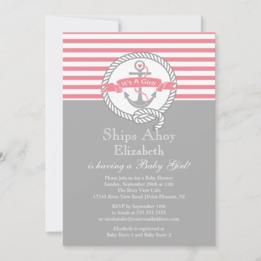 モダンいかり航海の帆船ガールベビーシャワー 招待状 (正面)
