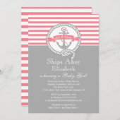 モダンいかり航海の帆船ガールベビーシャワー 招待状 (正面/裏面)