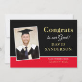 モダンおめでとうグラッド写真名金ゴールド黒レッド 案内状 (正面)