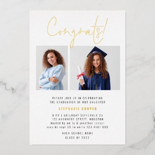 モダンおめでとう卒業2024 2写真金ゴールド実在 箔招待状 (正面)