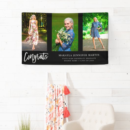 モダンおめでとう3 Photo Graduate Banner – 黒 横断幕 (インサイチュ)