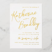 モダンおもしろいの手書き結婚は金ゴールド名 箔招待状 (正面)