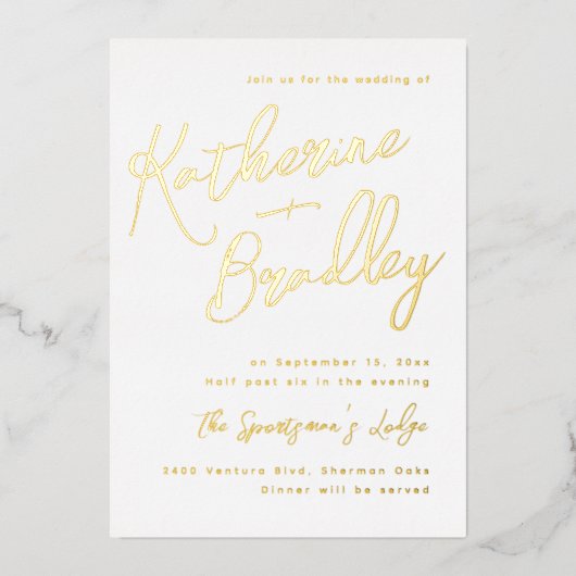 モダンおもしろいの手書き結婚は金ゴールド名 箔招待状 (正面)