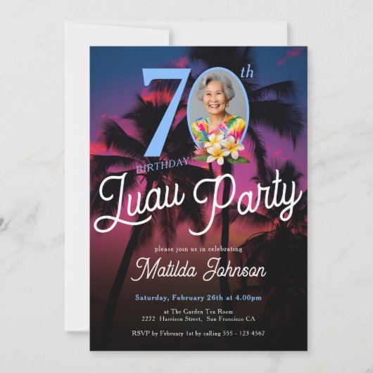 モダンおもしろいカスタム写真ルアウ(ハワイ式宴会)パーティー70誕生日 招待状 (正面)