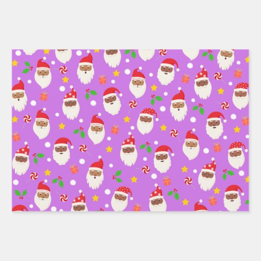 モダンおもしろいサストライプンタのクリスマスパターン紫 ラッピングペーパーシート (正面)