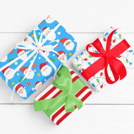 モダンおもしろいサストライプンタ&クリスマスライトブルー ラッピングペーパーシート
