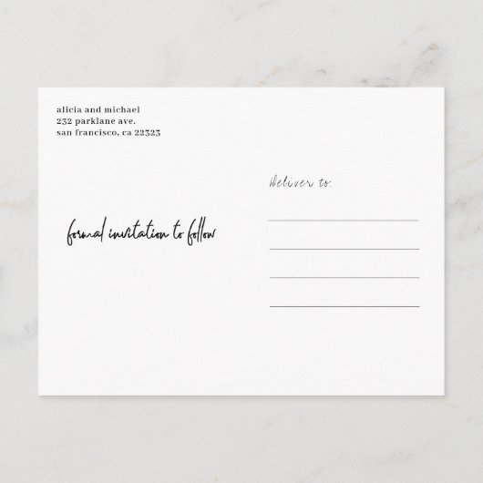 モダンおもしろいシンプル写真結婚式 案内ポストカード (裏面)