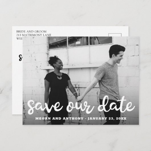 モダンおもしろいスクリプト写真の保存日付 案内ポストカード (正面/裏面)