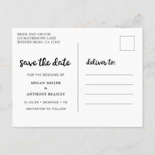 モダンおもしろいスクリプト写真の保存日付 案内ポストカード (裏面)