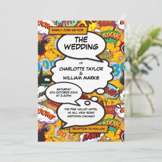 モダンおもしろいタイポグラフィフォト漫画ブ結婚ック 招待状 (スタンド正面)