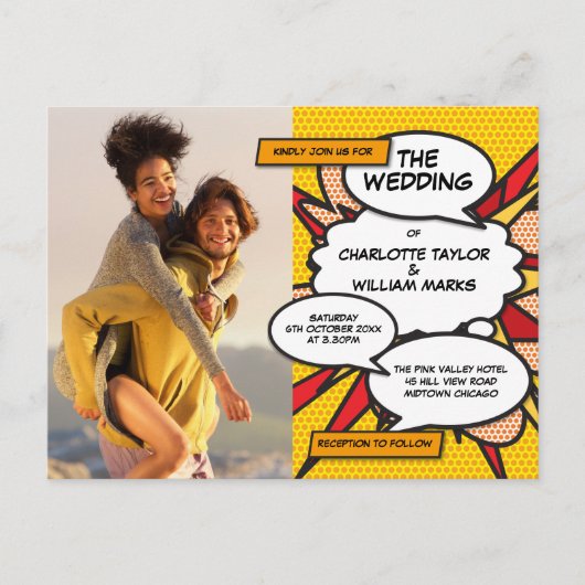 モダンおもしろいフォト漫画結婚ブック インビテーションポストカード (正面)