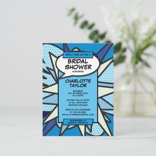 モダンおもしろいブライダルシャワー漫画ブックブルー インビテーションポストカード (スタンド正面)