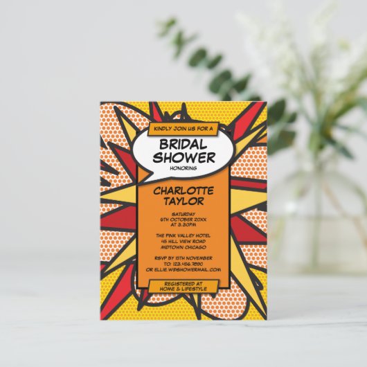 モダンおもしろいブライダルシャワー漫画書 インビテーションポストカード (スタンド正面)