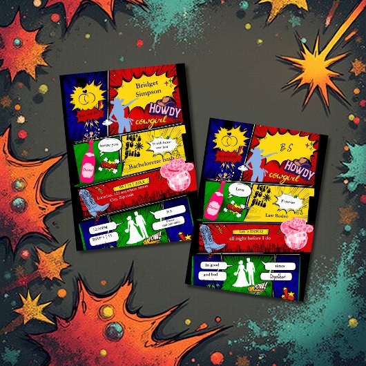 モダンおもしろいレトロ漫画バチェロレッテ女性のカーボーイ 招待状