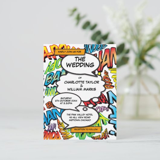 モダンおもしろい印刷漫画結婚の インビテーションポストカード (スタンド正面)