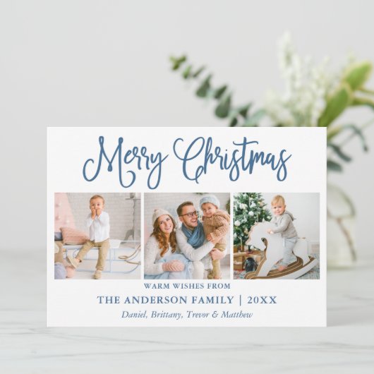 モダンおもしろい書道写真ほこりっぽい青いクリスマス シーズンカード (スタンド正面)