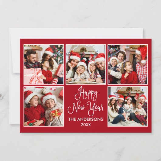 モダンおもしろい書道赤5写真新年 シーズンカード (正面)