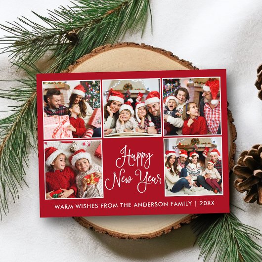 モダンおもしろい書道赤5写真新年 ポストカード