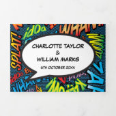 モダンおもしろい漫画ブックの結婚写真 三つ折り招待状 (カバー)