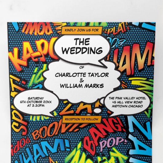 モダンおもしろい漫画ブックの結婚写真 三つ折り招待状 (内部最初)