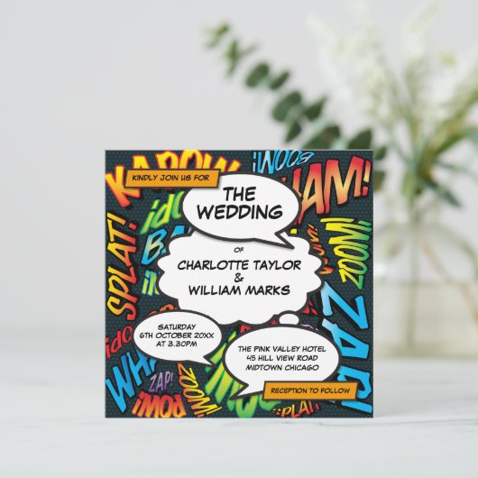 モダンおもしろい漫画ブックフォトスクエア結婚ズ 招待状 (スタンド正面)