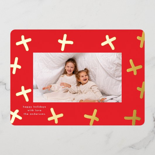 モダンおもしろい縁ど金ゴールドと赤いクリスマスの十字 箔シーズンカード (正面)