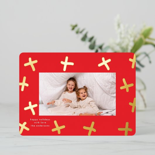 モダンおもしろい縁ど金ゴールドと赤いクリスマスの十字 箔シーズンカード (立ち正面)