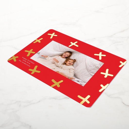 モダンおもしろい縁ど金ゴールドと赤いクリスマスの十字 箔シーズンカード (回転した状態)