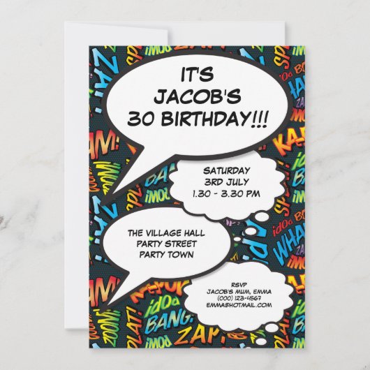 モダンおもしろい誕生日パーティ漫画ブック任意の年齢 招待状 (正面)