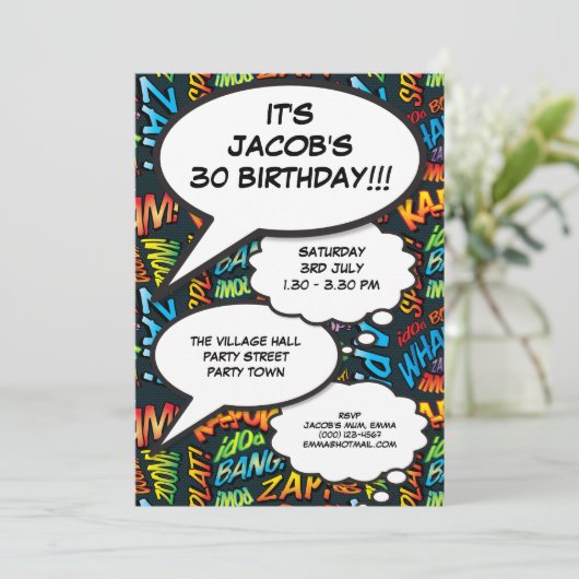 モダンおもしろい誕生日パーティ漫画ブック任意の年齢 招待状 (スタンド正面)