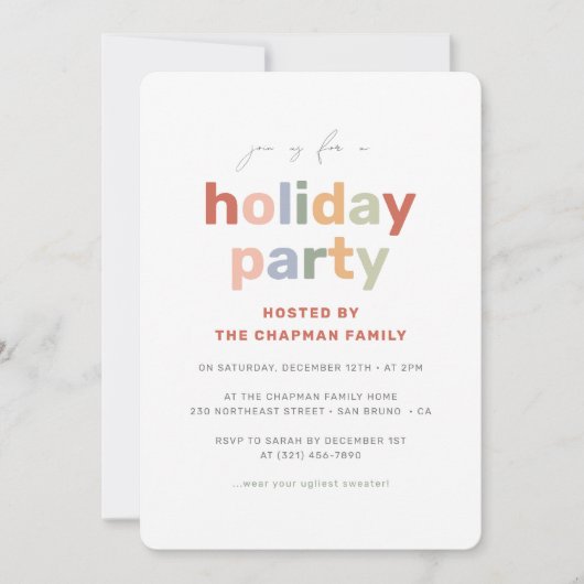 モダンおもしろい&クカラフルリスマスホリデーパーティー 招待状 (正面)