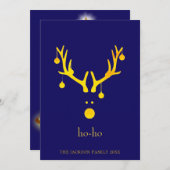 モダンおもしろいChristmas Cardトナカイ金ゴールドブルー シーズンカード (正面/裏面)