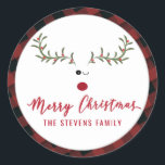 モダンおもしろいMerry Christmas ラウンドシール<br><div class="desc">ホリモダンーおもしろいトナカイの台本メリー・クリスマス差出人住所デザイン。魅力的なモダンプロフェッショナルデザインとコンテンポラリーtouch。優雅さとスタイルのtouch。モノグラカスタマイズムのイニシャルと名前とアドレスの詳細</div>