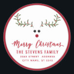 モダンおもしろいMerry Christmas ラウンドシール<br><div class="desc">ホリモダンーおもしろいトナカイの台本メリー・クリスマス差出人住所デザイン。魅力的なモダンプロフェッショナルデザインとコンテンポラリーtouch。優雅さとスタイルのtouch。モノグラカスタマイズムのイニシャルと名前とアドレスの詳細</div>