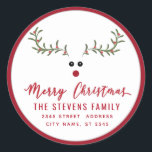 モダンおもしろいMerry Christmas ラウンドシール<br><div class="desc">ホリモダンーおもしろいトナカイの台本メリー・クリスマス差出人住所デザイン。魅力的なモダンプロフェッショナルデザインとコンテンポラリーtouch。優雅さとスタイルのtouch。モノグラカスタマイズムのイニシャルと名前とアドレスの詳細</div>