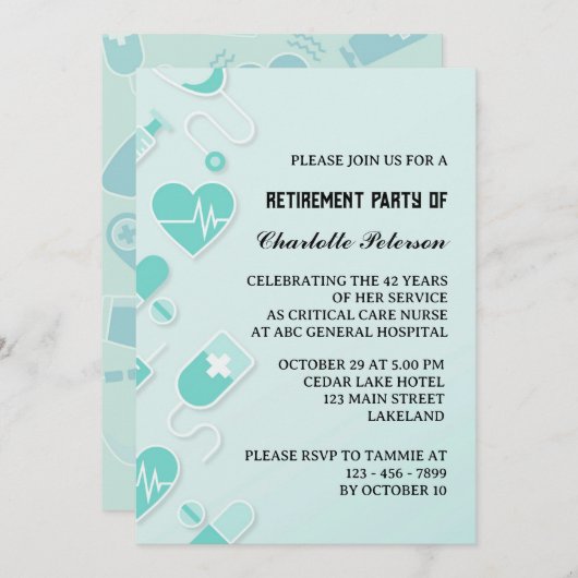モダンおよびユニークナース退職パーティー 招待状 (正面/裏面)