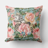 モダンお洒落バラと時計のパターン青 クッション (正面)