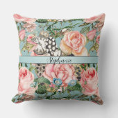 モダンお洒落バラと時計のパターン青 クッション (正面)