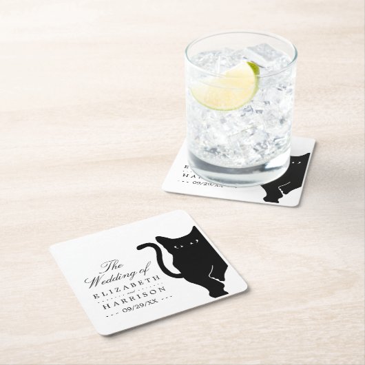 モダンお洒落黒猫結婚の スクエアペーパーコースター (インサイチュ)