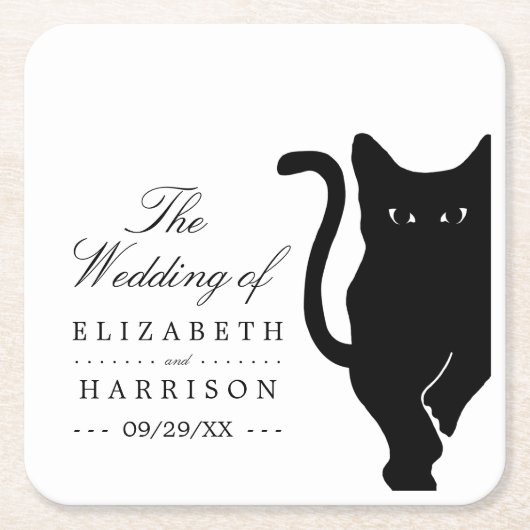 モダンお洒落黒猫結婚の スクエアペーパーコースター (正面)