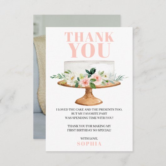 モダンお誕生日ケーキ最初の誕生日サンキューカード 招待状 (正面/裏面)