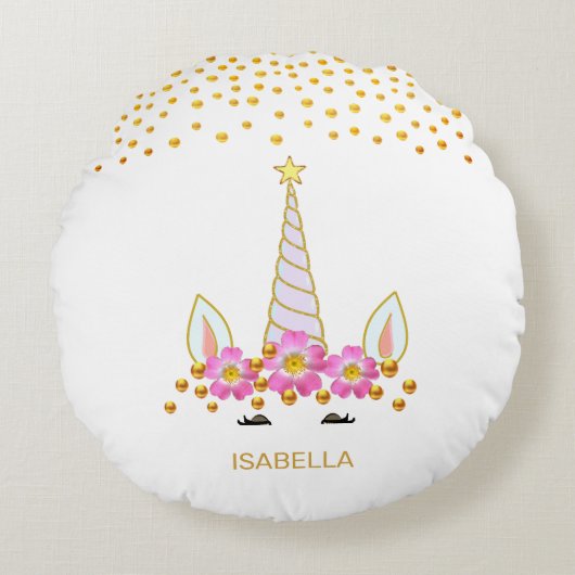 モダンかわいいユニコーン,花と金ゴールド紙吹雪 ラウンドクッション (正面)